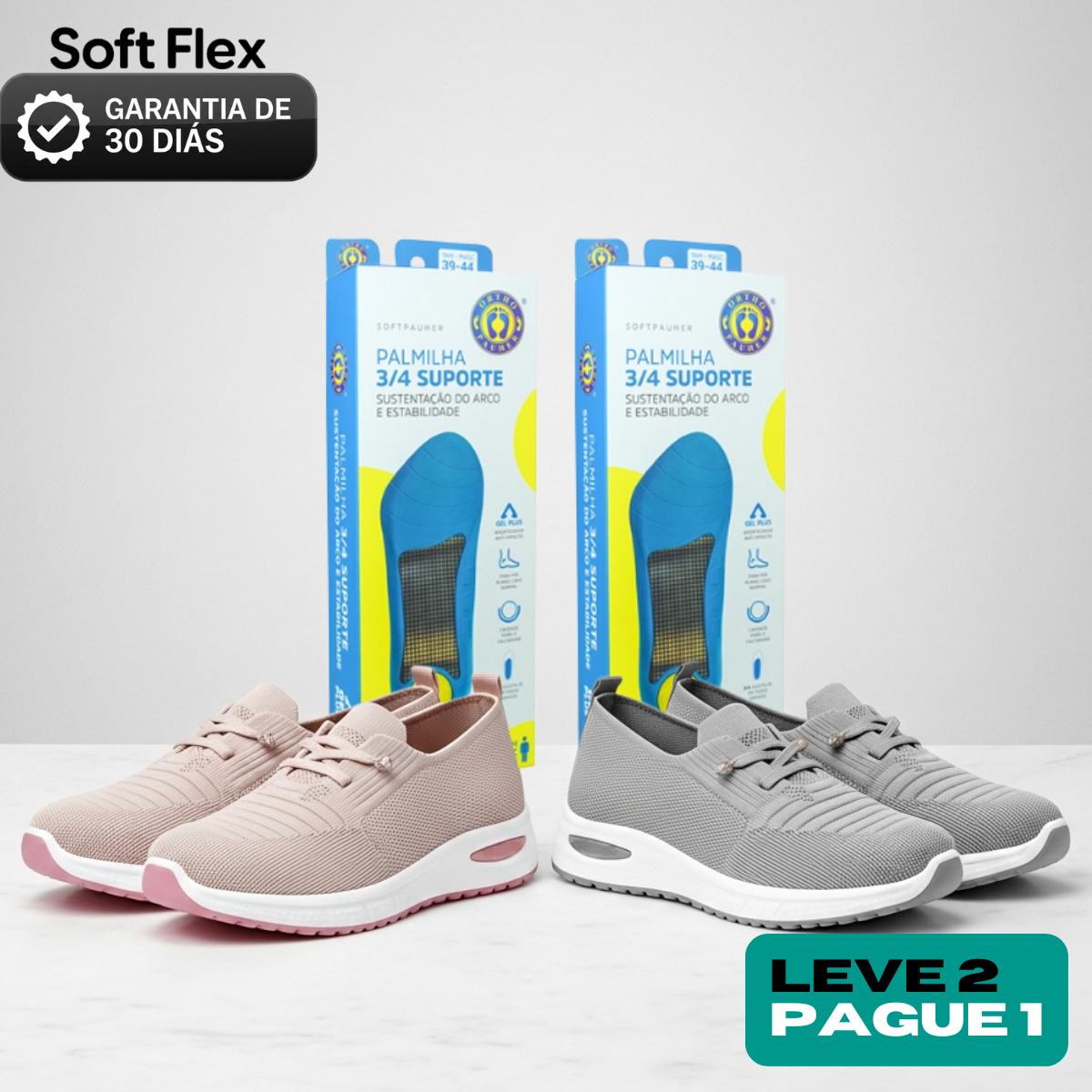 Leve 2, Pague 1: 2 Tênis Ortopédico Ultra Comfort Calce Fácil + Palmilha Grátis!
