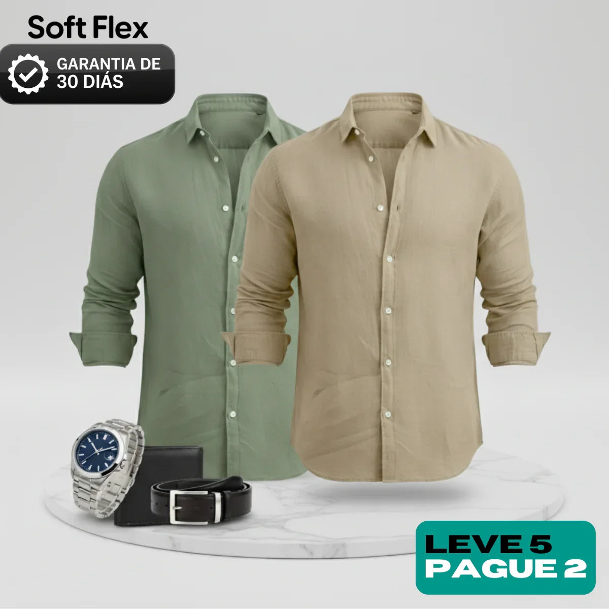 [Leve 5 Pague 2] Camisa Masculina de Linho Fusion + Relógio, Carteira e Cinto de BRINDE (Confoto e Estilo)